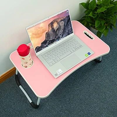 Immagine di tavolo da letto regolabile per laptop, pieghevole con portabicchieri, vassoio antiscivolo cuscino, nessun montaggio richiesto, dimensioni 27,6 cm altezza / 60,6 L (rosa)