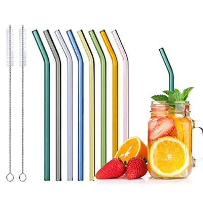 Immagine di cannucce in vetro riutilizzabili, 8 colorate, curve, per bicchieri da cocktail, frullati e succhi, lavabili lavastoviglie