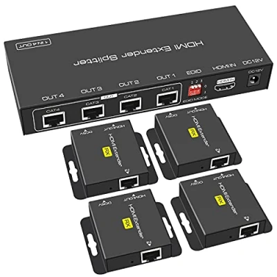 Immagine di VEDINDUST HDMI Splitter Extender 1 in 4 Out 50m(165ft), Over Cat5e/6/7 Ethernet Trasmettitore Ricevitore Supporto Preimpostazioni EDID 1080p POC (Solo bisogno di alimentazione TX per lavoro)
