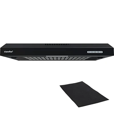 Immagine di COMFEE CHU 3.6F17BB Cappa aspirante da 60 cm, in acciaio inox, filtro alluminio rimovibile, flusso d&#039;aria 200 m3/h, 2 livelli, 1 luce LED, colore: Nero