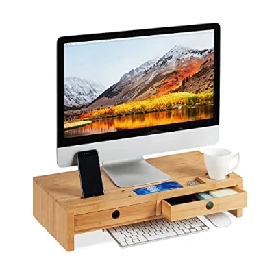 Immagine di Relaxdays Supporto per Monitor, in bambù, Rialzo PC con 2 Tiretti &amp; Scomparti, Color Legno Naturale, 12 x 56 27 cm