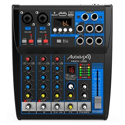 Immagine di Audibax MG04 USB Console di Missaggio Audio Mixer a 4 Canali Interfaccia per Lettore e Registratore Connessione Bluetooth MP3 Multieffetto DSP Alimentazione Phantom 48 V