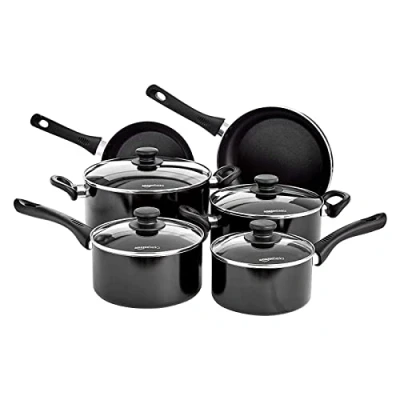 Immagine di Amazon Basics 6 Pezzi Batteria da Cucina Antiaderente a Induzione Alluminio, con Coperchi, Nero