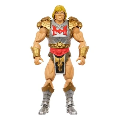 Immagine di Masters of the Universe Masterverse Flying Fists He Man, action figure New Eternia con arma rotante, scudo e 30 punti d&#039;articolazione, giocattolo per bambini, 6+ anni, JBP75