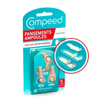Immagine di Compeed® medicazioni Lampadine a 3 formati (2 Medie, x2 Piccole, x1 punte) 5 idrocolloidi Cicatrizzazione rapida Cura dei piedi Scatola da