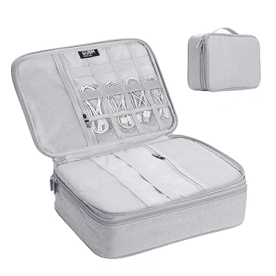Immagine di TsunNee Borsa organizer per cavi da viaggio, extra large, a doppio strato, portatile, accessori elettronici, con 2 scomparti, colore grigio