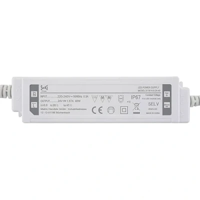 Immagine di SeKi Driver LED 24 V DC 40 W 1,67 A tensione costante; trasformatore impermeabile IP67, alimentatore, trasformatore, alimentatore di commutazione; nessun carico minimo, rumore/LED sfarfallio,