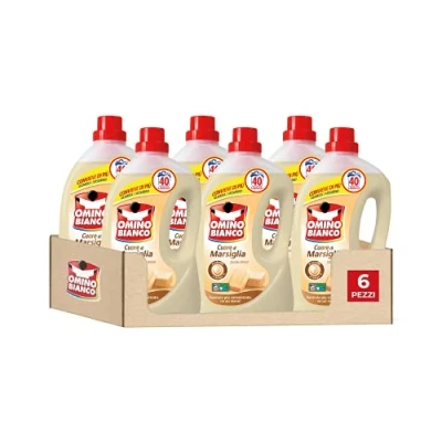 Immagine di Omino Bianco Detersivo Lavatrice Liquido, 240 Lavaggi, Rispetta Colori e Tessuti, Fresco Profumo con Essenza Cuore di Marsiglia, 2000 ml x 6 Confezioni