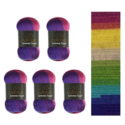Immagine di Wollbiene Summer Touch Batik, 5 gomitoli di lana da 100 grammi, multicolore con gradiente, 500 g mercerizzata in microfibra acrilica (515 lilla giallo verde)