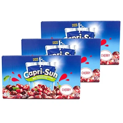 Immagine di Capri Sun Confezione da 3 pezzi sole ciliegia Caprisonne Cherry risparmio (10 x 0,2 litri) perfetta per rinfrescare il 100% in viaggio grazie al gusto fruttato di