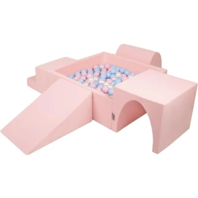 Immagine di KiddyMoon Area di Gioco in Schiuma con Quadrato Piscina Palline (300 Palline) per Bambini, Rosa:Azzurro/Rosa Claro/Perla