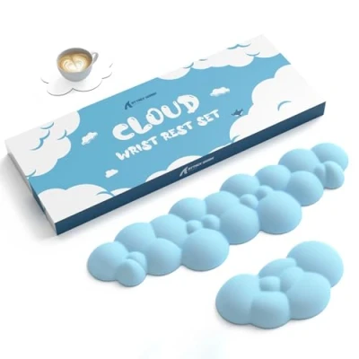 Immagine di ATTACK SHARK Poggiapolsi per Tastiera e Mouse a Forma di Nuvola con set Sottobicchieri, Base Ergonomica Antiscivolo, Supporto Cuscino da Polso Ultra Morbido Digitazione/Gioco Blu