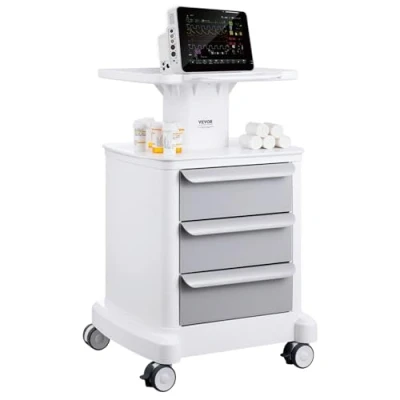 Immagine di VEVOR Carrelli da Laboratorio a 4 Ripiani con 3 Cassetto 1 Vassoio Superiore Ruote, Carrello Medico Mobile Materiale ABS Consilenziose, per Laboratorio, Clinica, Ospedale, Salone, Bianco