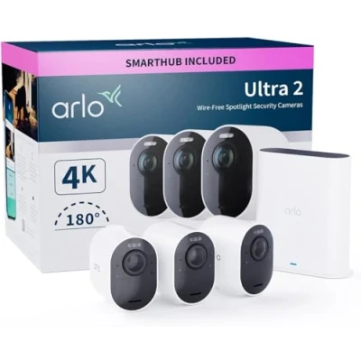 Immagine di Arlo Ultra 2 Telecamera WiFi Esterno Senza Fili, Interno, 4K UHD, Sirena Allarme Casa, Sensore Di Movimento, Audio Bidirezionale, Prova Secure Inclusa, 3 Telecamere, Bianche