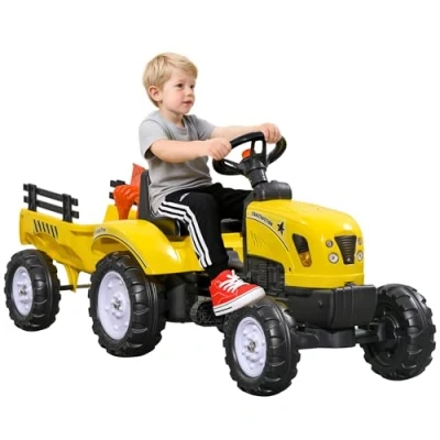 Immagine di HOMCOM Trattore a Pedali per Bambini da 3+ Anni con Rimorchio, Rastrello e Pala, Macchina Cavalcabile Clacson, Giallo