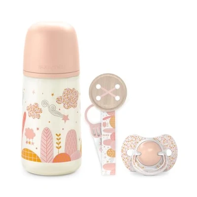 Immagine di Suavinex Set Regalo Neonato, Bimbo con Biberon 270 ml Flusso Medio, M, Ciuccio 0/6 Mesi e Catenella Porta in Tessuto, per Bambini Mesi, Tettarelle Silicone Sx Pro, Dreams Rosa