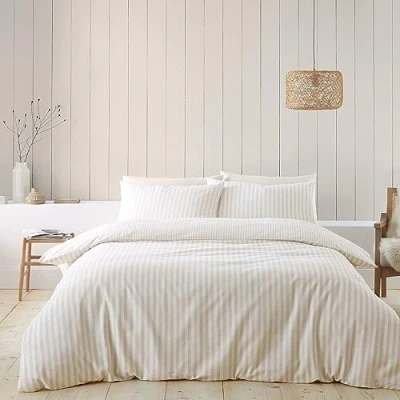 Immagine di Catherine Lansfield Set copripiumino matrimoniale reversibile con federe, in cotone spazzolato, a righe, colore naturale