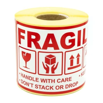 Immagine di MD Labels etichette di avvertimento su rotolo 90 x 150 mm handle with care keep dry don&#039;t stack or drop this way up carta autoadesiva (300)