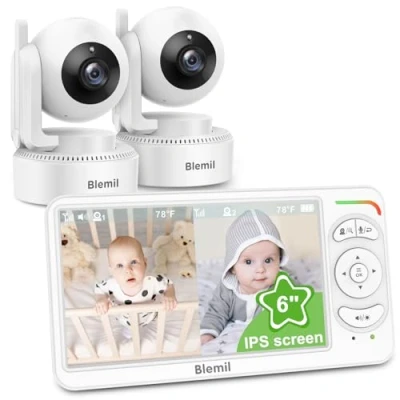 Immagine di Blemil Baby Monitor, Video monitor con 2 telecamere e audio, 6 IPS grande schermo Split Screen Videomonitor chiara visione notturna 30 ore di durata della batteria