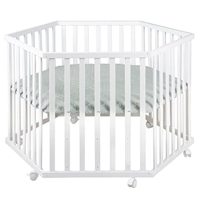 Immagine di roba Box per Bambini Style Esagonale Cuscinetti di Protezione Paracolpi Regolabile in 3 Altezze 6 Ruote con Freni Legno Laccato Bianco e Verde