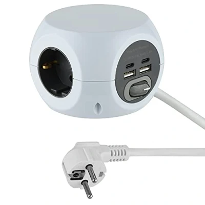 Immagine di Electraline 62078 Ciabatta mini cube A 3 vie con 4 17 W (2 di tipo C compatibili la più recente tecnologia+2 USB 3.4A Q.C) interruttore, cavo da 1,5 m