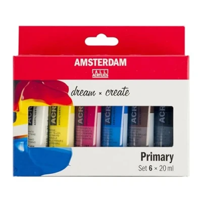 Immagine di Amsterdam Standard Series Pittura Acrilica Set di Miscelazione Teoria dei Colori (6 x 20 ml) Primari + Nero, Bianco e Ambra