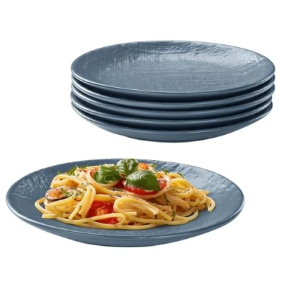 Immagine di Navaris Servizio Piatti Piani Moderni Design Set di 6 Persone Colorati Particolari Piatto Piano Gourmet Piattini da Dolce o Insalata Ceramica Blu Fumo Effetto Lino
