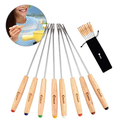 Immagine di ORBLUE Set 8 Forchette Fonduta Bourguignonne, Manico Legno, Colori Vari L&#039;ideale per le tue Cene Conviviali