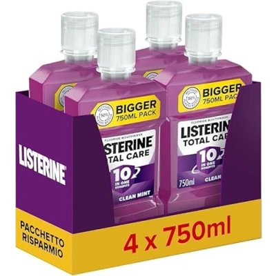 Immagine di LISTERINE Total Care, Collutorio al gusto di Menta Pura, Fluoro con 10 benefici in 1 per una protezione completa e denti più forti, un&#039;igiene orale completa, 4x750 ml