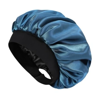 Immagine di Hat Hut Berretto di Seta Cuffia Capelli Notte, da Notte Raso per Ricci Dormire, Fascia Larga Regolabile, Doppio Strato (Blu Prussio, Taglia Unica)
