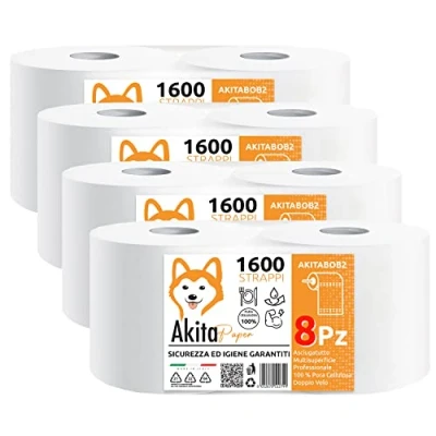 Immagine di 8 Rotoli carta asciugatutto 6400 strappi Kg Lunga Durata Extra Resistente Bobina 2 veli pura cellulosa Microgoffratura Rotoloni uso alimentare casalingo industriale