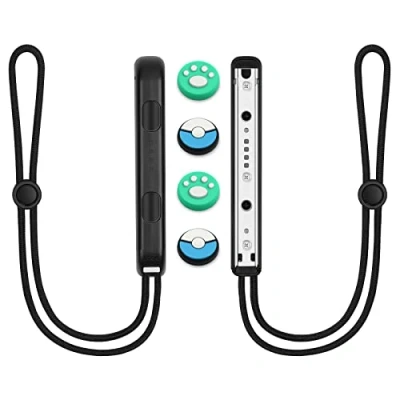Immagine di Vicloon 1 Coppia Switch Controller da Polso, di Blocco Polso Lanyard con 4 Carino Tappo del Joystick, Corda Regolabile per Joycon, Nero