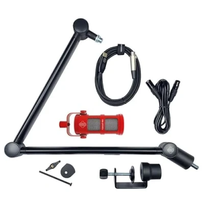 Immagine di Kit professionale per podcast, trasmissione, streaming, gaming e VC, con microfono, braccio braccio, USB cavi XLR, non richiede alimentazione phantom, colore: Rosso