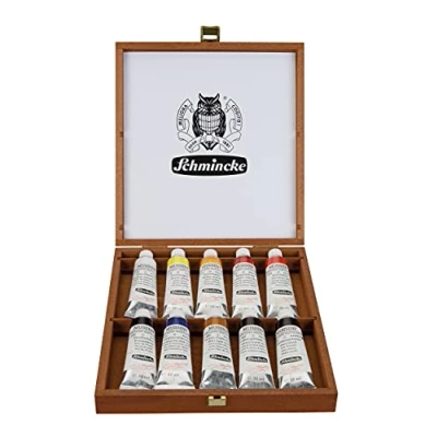 Immagine di Schmincke MUSSINI® Colori ad Olio e Resina sopraffini, Set 10 x 35 ml, 70 010 097, Cassetta di Legno Tinta Noce, basati su Ricette Vecchi Maestri