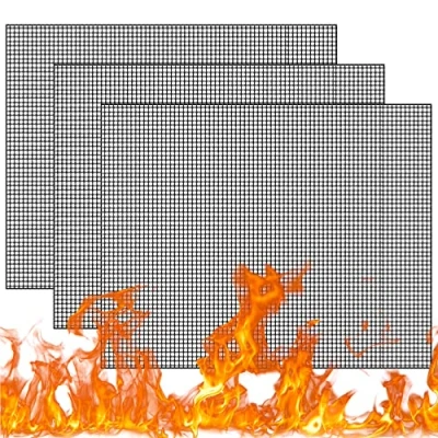 Immagine di Tappetino antiaderente per barbecue, 3 pezzi, nero, griglia barbecue a gas, riutilizzabile, in teflon, resistente al calore, quadrato, antiaderente, 40 x 50 cm