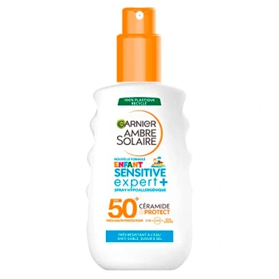 Immagine di GARNIER Amber Solaire Spray Sensitive Expert+ Bambino Alta Protezione Solare FPS 50+ Protegge da UVA, UVB e UVA lunghi, a base di ceramiche, pelli sensibili, 200 ml