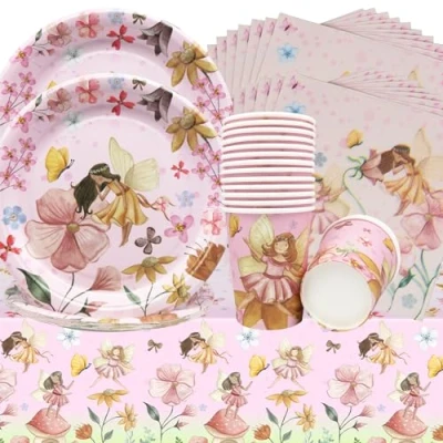 Immagine di Doyomtoy Forniture per la festa delle Fate,53pcs Decorazioni feste di Compleanno con fate piatti,tazze,tovaglioli,tovaglie,Decorazioni da Favola Bambini 16 ospiti