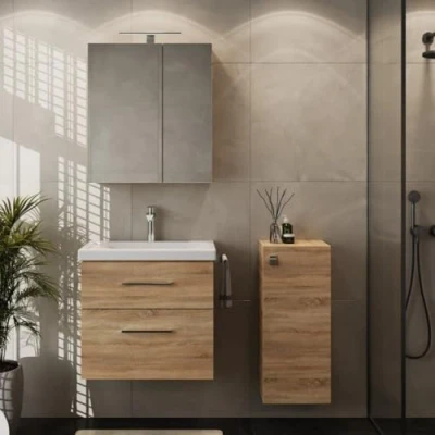 Immagine di Planetmöbel set da bagno completo in mobiletto 63 cm, con lavabo, armadietto a specchio e 1 rovere Sonoma, per bagno, 4 pezzi
