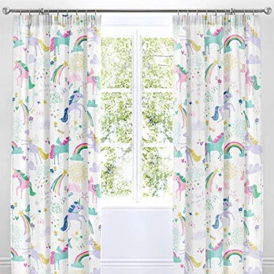 Immagine di Bedlam Coppia di tende con piega a matita, motivo unicorni e arcobaleni, in cotone, multicolore, 168 x 183 cm (larghezza lunghezza)