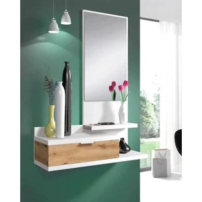 Immagine di Dmora Mobile da Ingresso con cassetto e Specchio, Colore Inserti Lucido, cm 81 x 186 29, Bianco Rovere