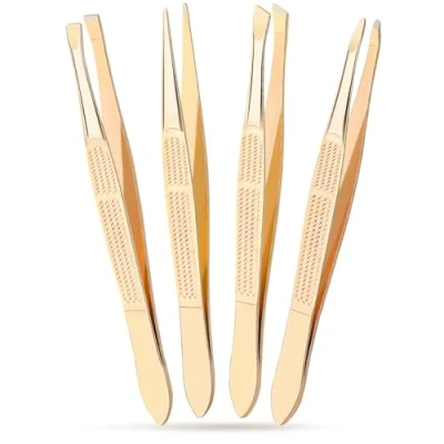 Immagine di Alyvisun 4 Pezzi Pinzette Sopracciglia Professionale, Portatile Acciaio Inossidabile Pinzetta, Rivestimento Antiscivolo Progettazione, di Precisione Adatto per Capelli Incarniti (Dorato)