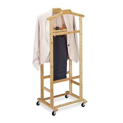Immagine di Relaxdays Appendiabiti da Camera in bambù, Servomuto per Uomo e Donna, Mobile con Rotelline, 107 x 47 37 cm, Naturale, Metallo, 1 pz