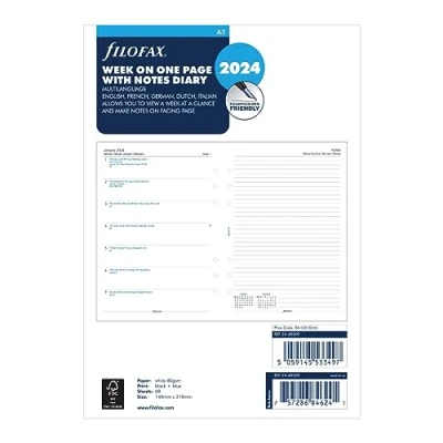 Immagine di Diario settimanale 2024 con sezione appunti per agenda ad anelli Filofax A5 Multilingua