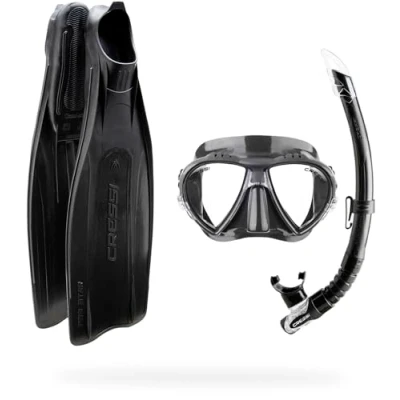 Immagine di Cressi Pro Star Bag Set Immersioni, Apnea, Snorkeling, composto da Pinne Star, Maschera Matrix, Snorkel Gamma e comoda Borsa a Rete, Nero, 43/44