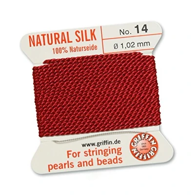 Immagine di GRIFFIN Cordino/corda/filo, 100% in seta naturale, per infilatura di perle o perline, colore rosso granato, 2 metri, con ago incluso, 13 dimensioni, Red, 1.02mm