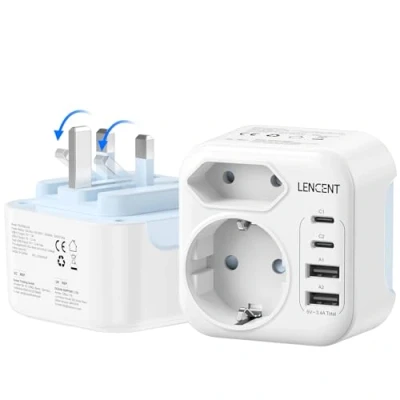 Immagine di ENCENT Adattatore Spina Ingelese, Tipo G, Presa da Viaggio Pieghevole con 2 Porte USB C &amp; A, Adattatori EU Schuko a UK per Regno Unito, Irlanda, Dubai, Maldive, Scozia