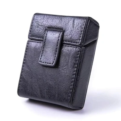 Immagine di Custodia per sigarette in pelle PU con porta accendino, portatile, organizer tabacco, contenitore uomini e donne (nero)