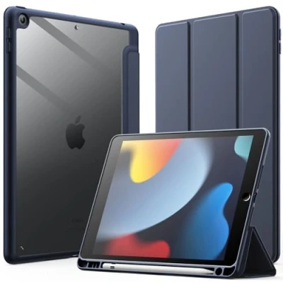Immagine di JETech Custodia per iPad 10,2 Pollici (9a/8a/7a Generazione, 2021/2020/2019) con Portapenne, il Involucro Posteriore Chiaro Trasparente Supporto Cover Sottile Tablet Antiurto (Marino Intenso)
