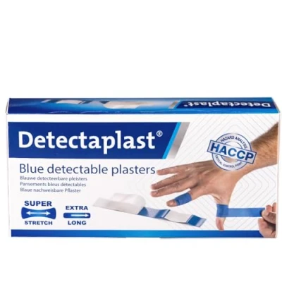 Immagine di cerotti detectabili color blu Detectaplast Elastic, flessibili, alimentari, cucina, catering e ristorazione, 180 x 20 mm, 50 pezzi (confezionato singolarmente)
