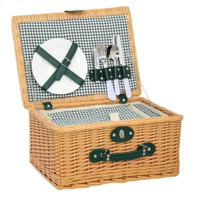 Immagine di Outsunny Cestino da Picnic in Vimini per 2 Persone con Area Frigo, Cesto Piatti, 6 Posate, Bicchieri e Cavatappi, 40x30x20 cm, Marrone Chiaro